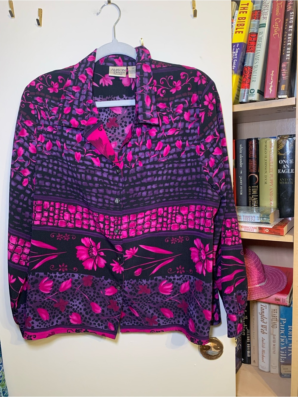 Allison Daley Black and Hot Pink Mixed Floral & Geometric Blouse